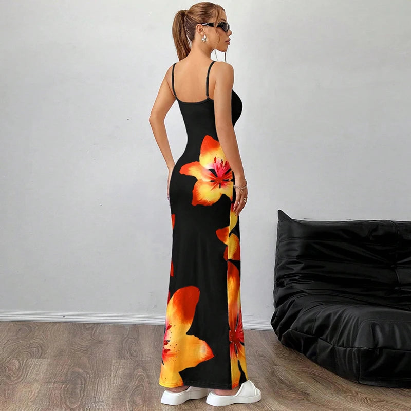 Frauen Sommer Spaghetti Strap Kleid Casual Blumen Druck Bodycon Party Kleid für Urlaub Cocktail Strand Streetwear.