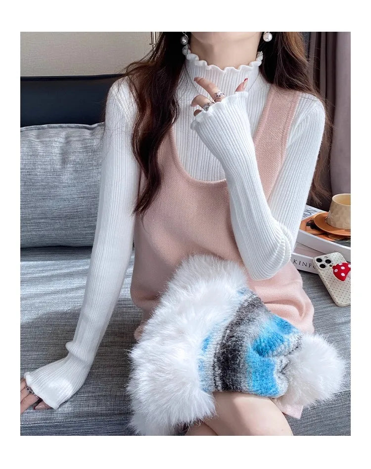 2025 Autumn Winter Women Half Turtleneck Fashion Wooden Ear Pullover Knitted Tops Long Sleeve O Neck Slim Warm Sweater Female.
