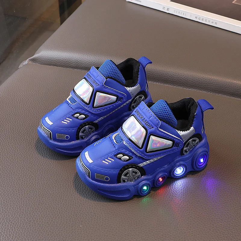 Diseny Kids'Casual Shoes Led Light Car Club Cartoon PU Leather Spring Shoes For Children Anti-slip Red Blue Shoes Size 21-30