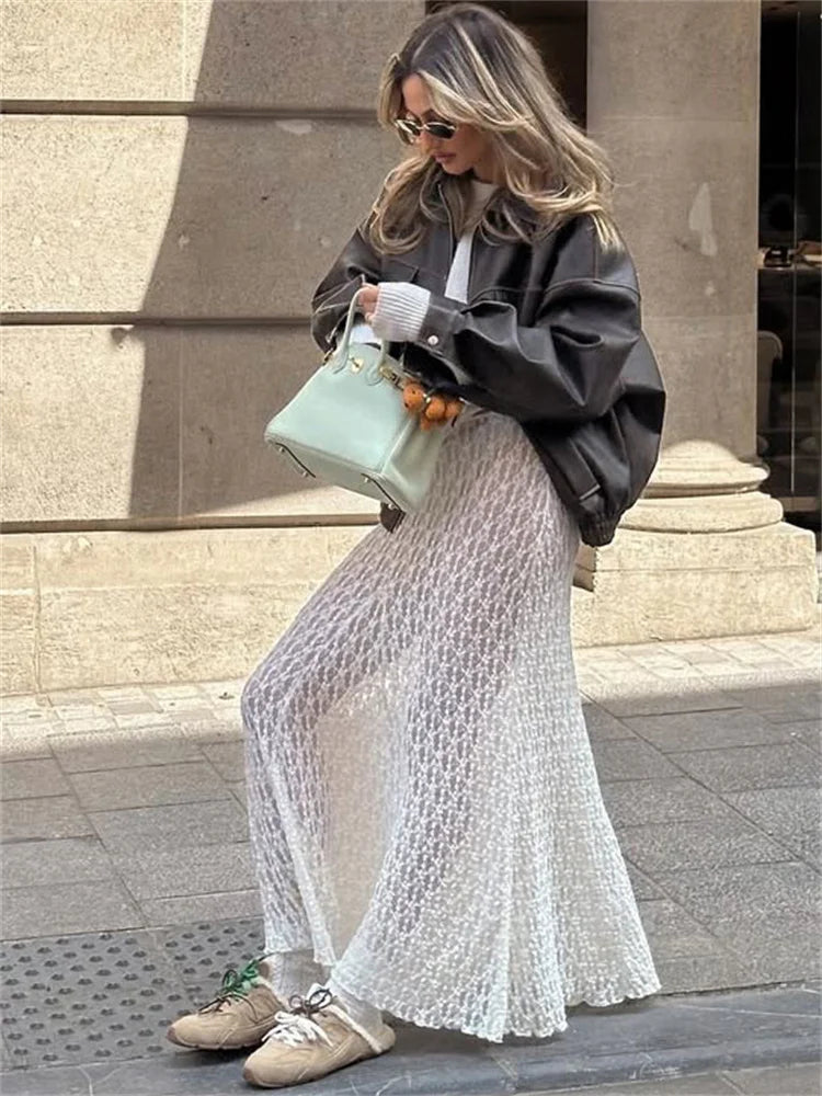 Tossy Fashion Summer Lace Long Skirt Women See-Through Slim High Waist Hollow Out Patchwork Elegant Commute Female Maxi Skirt