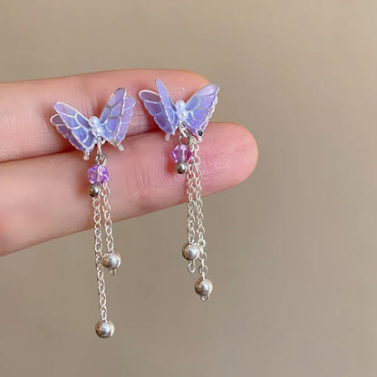 Pink Butterfly Earrings With Long Tassel Sparkly Zircon Crystal Imitation Pearl Beads Earrings Light Luxury Party Ear Jewelry.