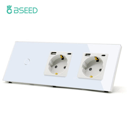 BSEED 1/2/3Gang Touch Licht Schalter 1Way Einfache Sensor Schalter Typ-c USB Steckdosen EU Standard glas Panel Blaue Hintergrundbeleuchtung 10A Weiß