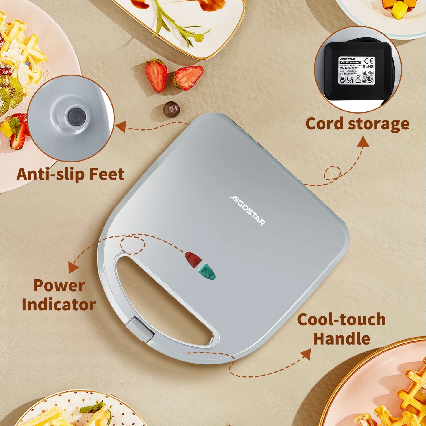 Aigostar Sandwich Maker 3 in 1: Electric Sandwich Maker, Grill and Waffle Maker, 3 Removable Non-Stick and Interchangeable Plates.