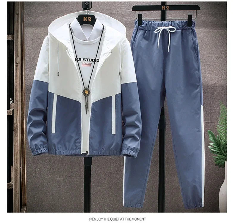 New Men's Sportswear Set Casual Loose Fit Sweatpants with Drawstring Two-Piece Korean Style Autumn Collection.