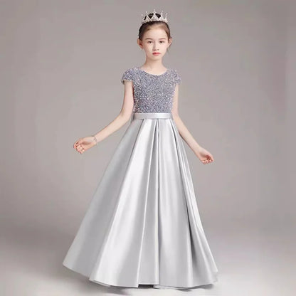 Mädchen-Klavierkleid, graues Pailletten-langes Performance-Kleid, Prinzessinnenkleid, Kinder-Host-Show-Performance-Kleid, Sommer