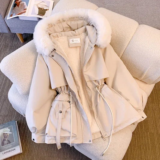 Neue frauen Baumwolle Gefütterte Plüsch Warme Mantel 2024 Herbst Winter Parkas Mantel frauen Lange Sleeve Zipper Mit Kapuze Kordelzug parkas
