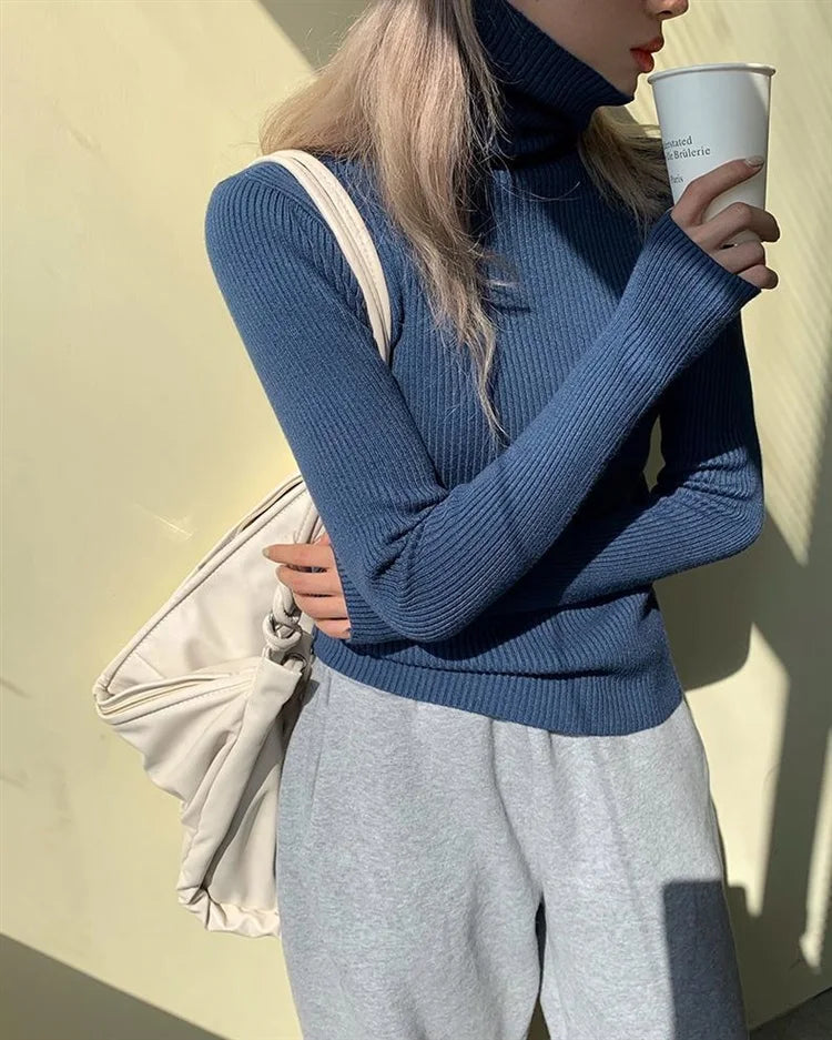 Neue Herbst Winter Grundlegende Gestrickte Tops Frauen Rollkragen Pullover Casual Pullover Koreanische Mode Einfache Mit Daumen Löcher Chic Kleidung.