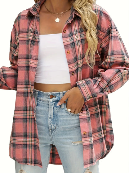 Plaid Shirt Women Autumn Long Sleeve Top Female Vintage Fashion Single Breasted Blouse Ladies Preppy Style Loose Check Shirts.