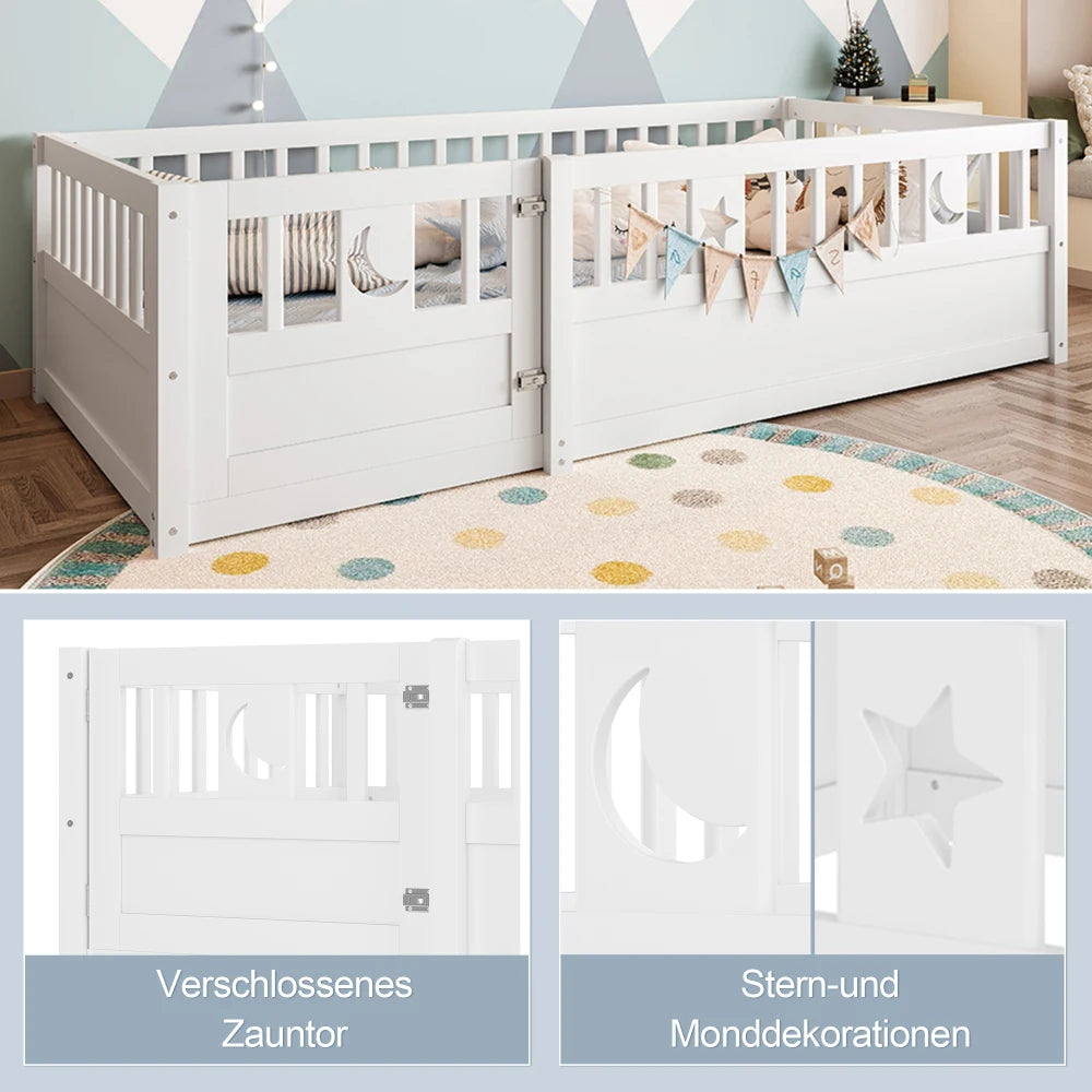 Panelbett 140 x 190 cm großes Kinderbett mit Gitter, Stern- und Monddekoration, ohne Gitter (ohne Matratze), minimalistischer Stil