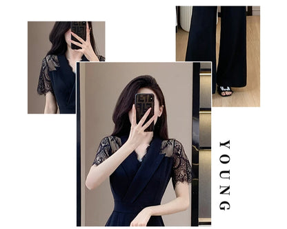 V-neck Solid Office Jumpsuit Women Elegant High Waist Wide Leg Pants Overall 2025 Fashion Slim Hollow Solid Color Romper.