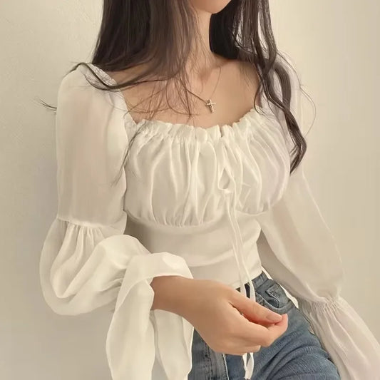 Chic Korean Summer 2024 Square Collar Wooden Earring Sleeve Chiffon Blouse Waist-Fitted Flare Cropped Shirt For Women.