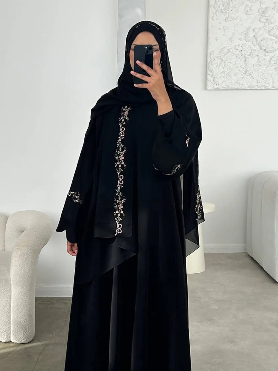 Middle East Women Arabic Dubai Abaya Luxury Kimono Cardigan Floral embroidery Long Dress Modest Robe Femme Islam Clothing Kebaya.