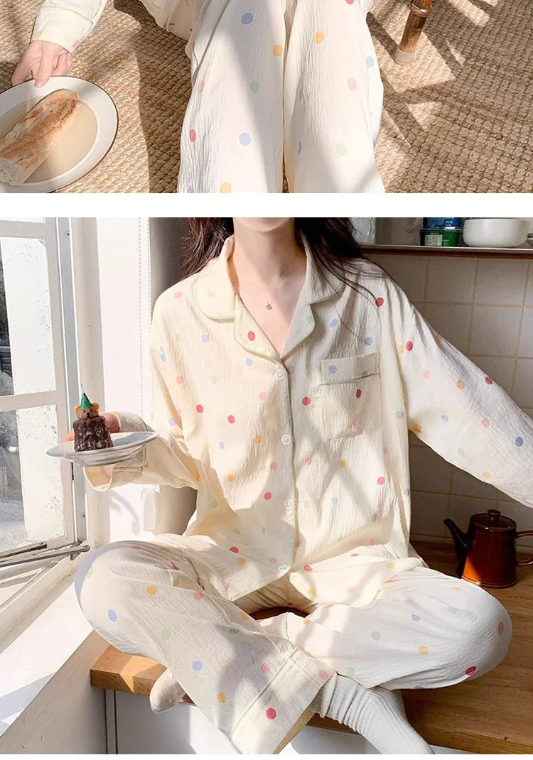 Koreanische Farbige Wavelet Dot Nachtwäsche frauen Herbst Lange Ärmeln Set Kleine Frische Hause Kleidung Lose Internationale Student Pyjama.