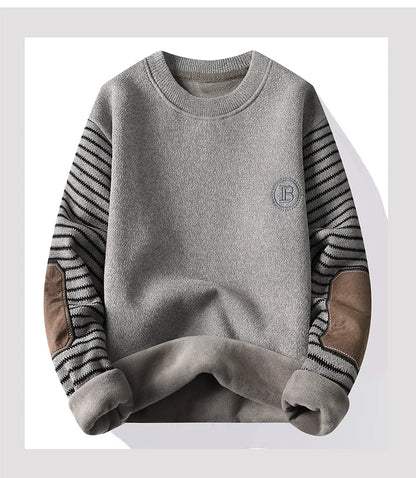 Men's Sweater Patckwork Round Neck Pullovers Fleece Lined Thick Warm Winter Knitwear Fashion Jumpers Men's Clothes.