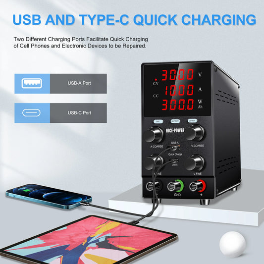 DC Lab Bench Power Supply OCP 30V 10A 120V OUTPUT Battery Charging Adjustable Voltage Regulator Laboratory Power Source Supply.