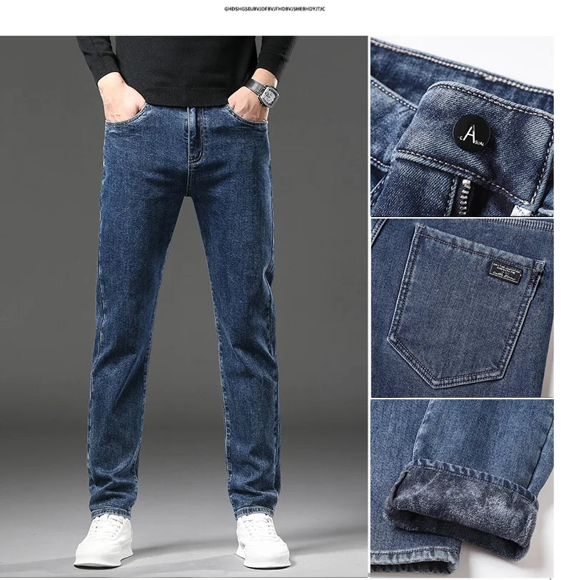 Winter Fleece Thick Warm Jeans Men's Slim Straight Elastic Denim Pants Casual Male Clothing Fashion Plush Trousers.