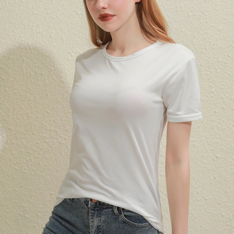 2024 Kurze T-Shirts Sommer Damen Kurzarm Rundhals Casual Bluse Shirts Einfarbig Tops Schwarz / Weiß