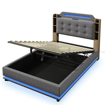 140*200cm Polsterbett mit LED-Lichtleiste und mehreren Ablagefächern, für Schlafzimmerwäsche, Beige (ohne Matratze)