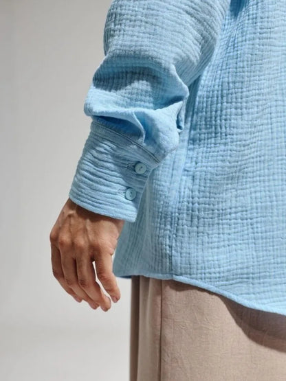 Muslin 100% Cotton Gauze Crepe For Women Shirts Blouse Turn Down Long Sleeve Single-Breasted Office Lady Loose Top Blusas Mujer