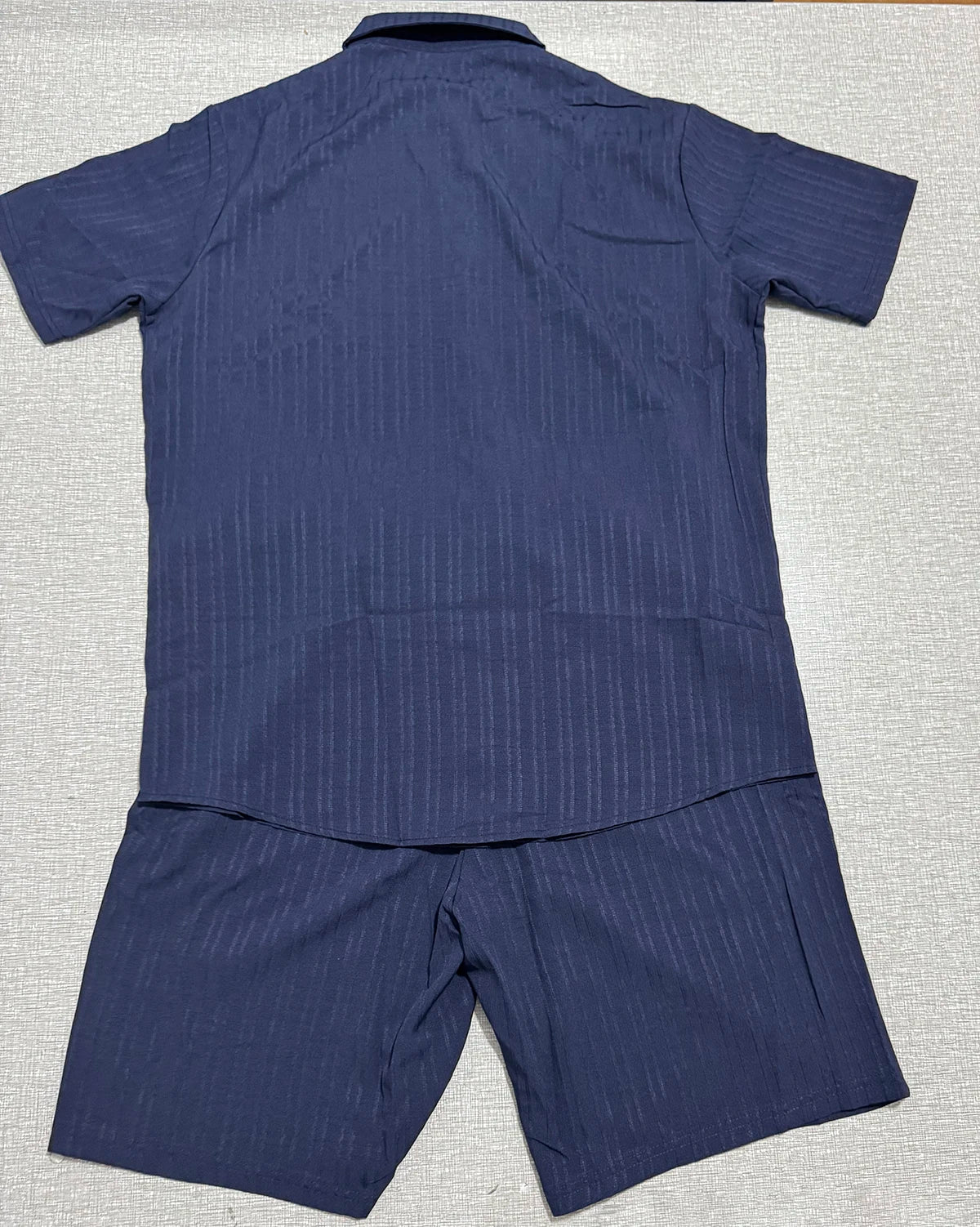 Lazy Street Style Vertical Stripe Slimming Shirt Shorts Two-piece Set No Need To Pair With Autumn Men's Thin Knit Sports Suit.