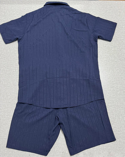 Lazy Street Style Vertical Stripe Slimming Shirt Shorts Two-piece Set No Need To Pair With Autumn Men's Thin Knit Sports Suit.