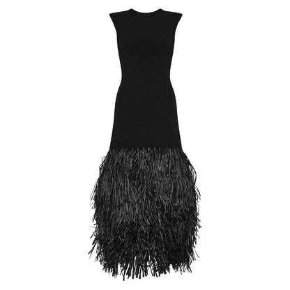 Fashion Solid Patchwork Quaste Verstärktes Stricken Midi Kleid Frauen Backless Ärmel Schulter Pad Schlank Roben Dame Chic Party Kleider