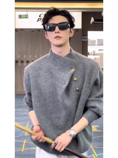 Irregular Button Turtleneck Sweater Men's Autumn and Winter Fashion Brand.