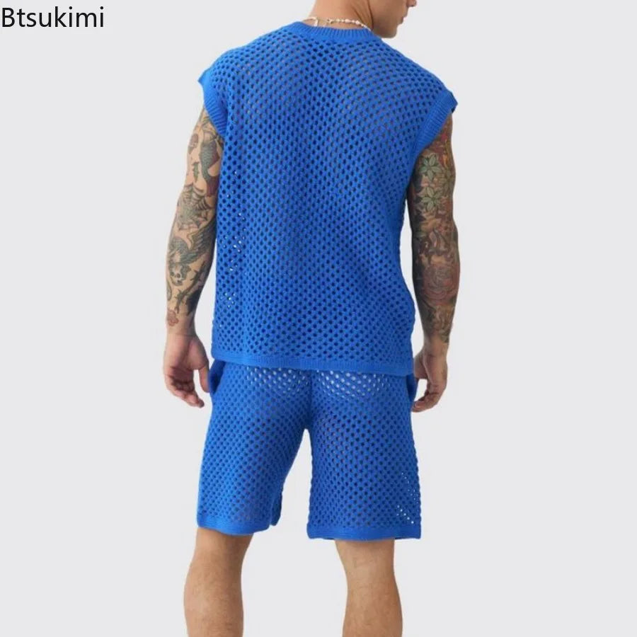 New Men's Summer Casual Knit V Neck Two-piece Sets Fashion Solid Loose Tank Tops and Shorts Sport Suit Men Hollow Out Streetwear.
