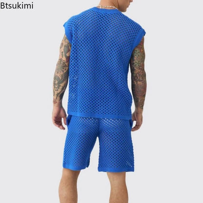 New Men's Summer Casual Knit V Neck Two-piece Sets Fashion Solid Loose Tank Tops and Shorts Sport Suit Men Hollow Out Streetwear.