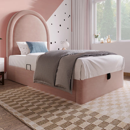 Rosa Samt-Einzelbett 90 x 200 cm für Kinder, Jungen, Mädchen, Kinderbettgestell, Kinderbett ohne Matratze