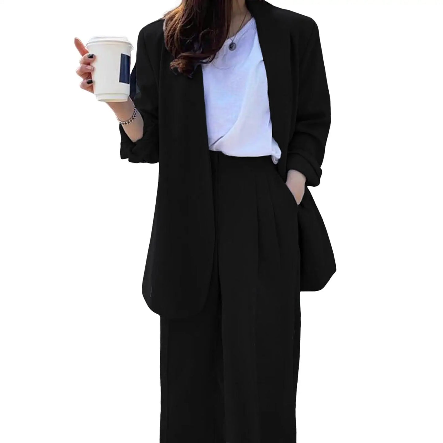 Wide Leg Suit Pants Set Elegant Women Business Suit Set Cardigan Jacket High Waist for Professional Lady Formal Coat Pants Set.