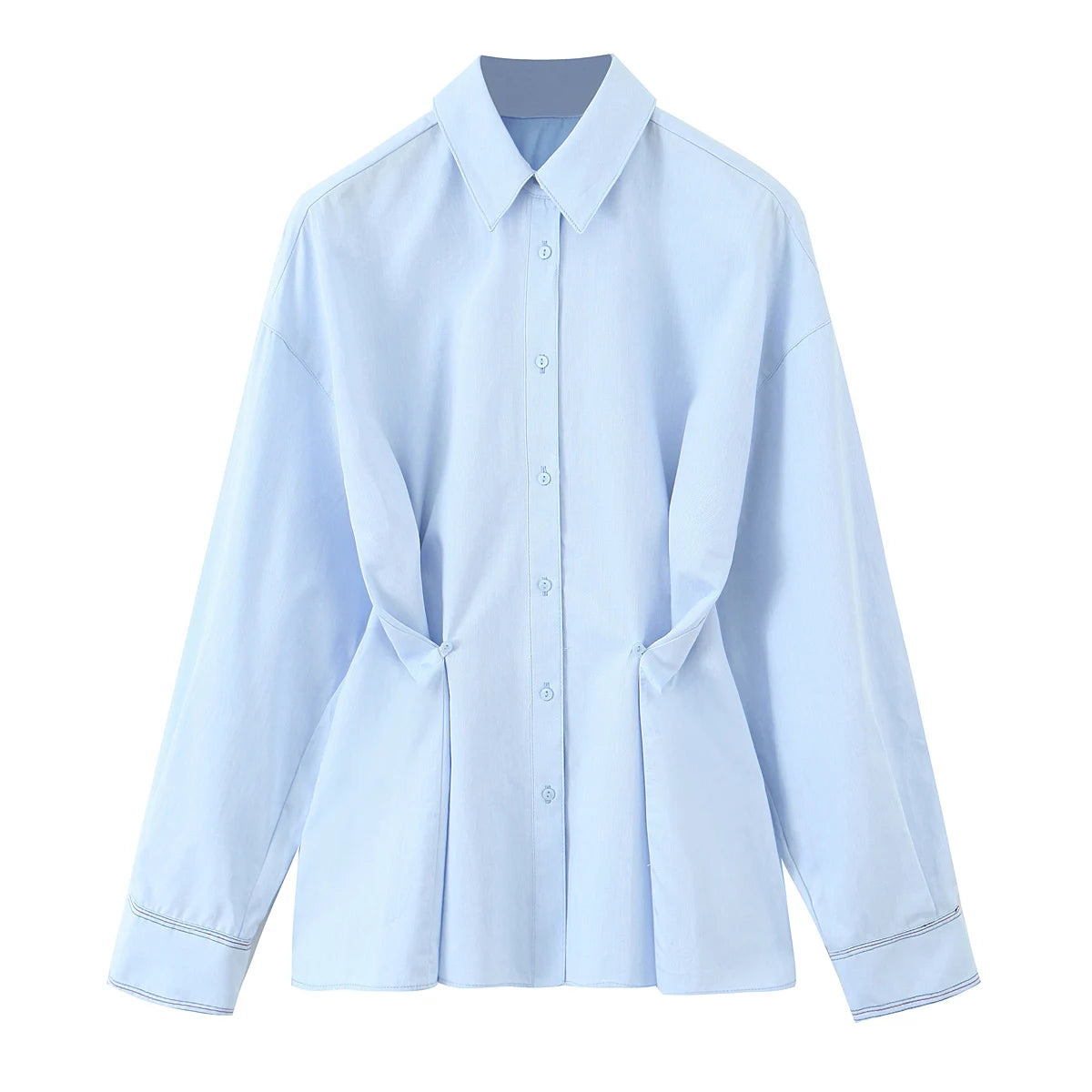 KONDALA Fall Women Elegant Blue Shirt Lapel Waist Buttons Shirt Office Lady Tops New 2025 Spring Autumn Fashion Commuter Shirt.