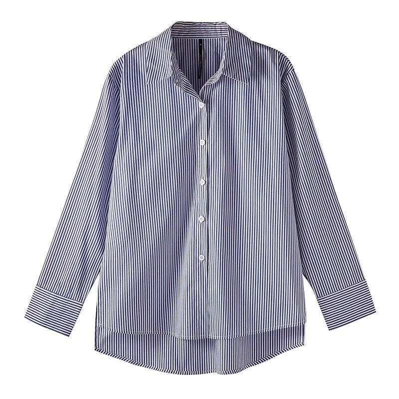 Classic Striped Woman Spring Autumn Blouses Shirt Lady Long Lantern Sleeve Stand Collar Loose Blusas Tops.