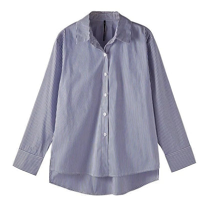 Classic Striped Woman Spring Autumn Blouses Shirt Lady Long Lantern Sleeve Stand Collar Loose Blusas Tops.
