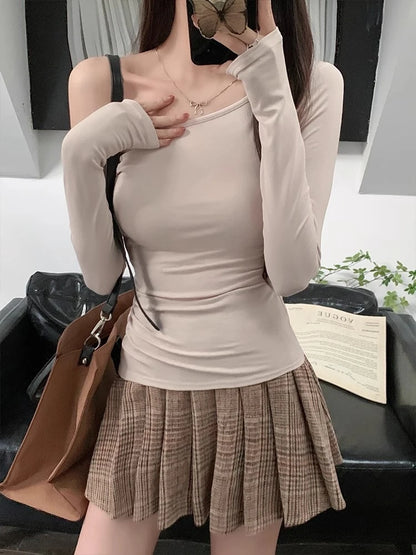 Vintage Solid Off Shoulder T Shirt Women Autumn Sexy Slash Neck tshirts Cotton Long Sleeve Chic Irregula Streetwear Slim Top Y2k