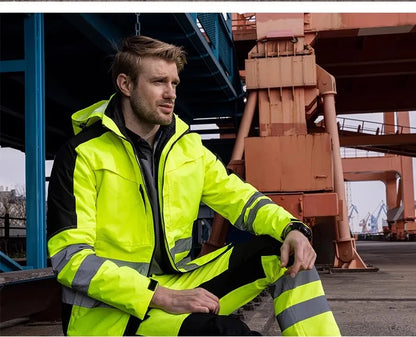 High Visibility Workwear Winter Clothes Hi Vis Suit Reflective Jacket Waterproof Winter and Pockets Reflective Work Pants Set.