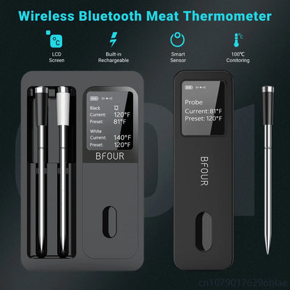 Wireless Bluetooth Meat Thermometer IP67 Waterproof Probes with LCD Screen Booster Rechargeable for Grilling Smoker BBQ Oven.