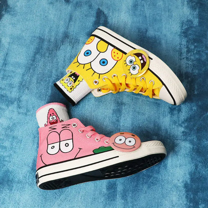 Summer new student Spongebob Squarepants High top canvas shoes cute girl cartoon street sneakers.