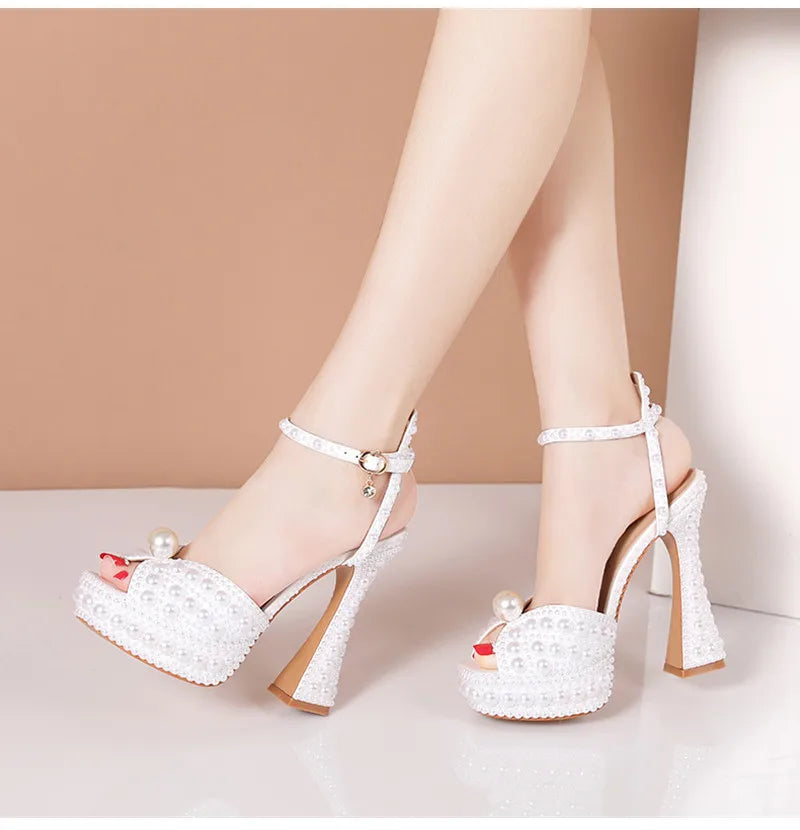 Summer Beaded Thick Heeled Women Gladiator Sandals Luxury Pearls Platform Wedges 14cm High heels Fashion Wedding Banquet Shoes.