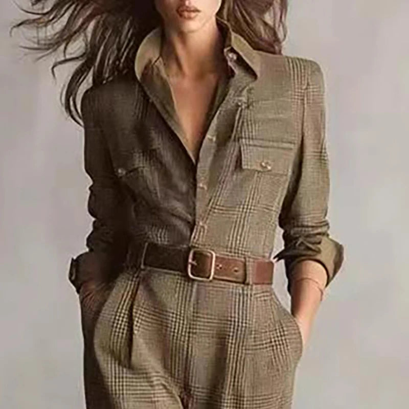 Elegant Button Lapel Shirt Jumpsuits Woman Vintage Plaid Print Pocket Slim Overalls Autumn Long Sleeve Female Clothing Bodysuits.