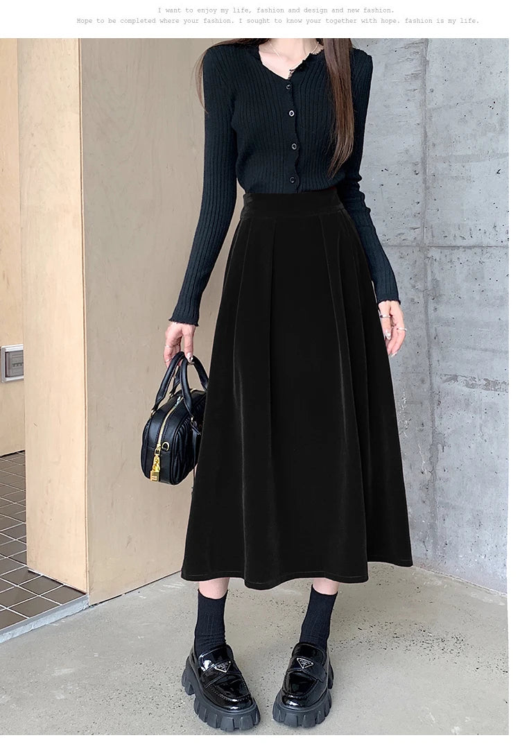 Autumn Winter Warm Vintage Red Elegant Velvet A-line Skirt For Women 2023 High Waist Casual Black Party Pleated Big Swing Skirts.