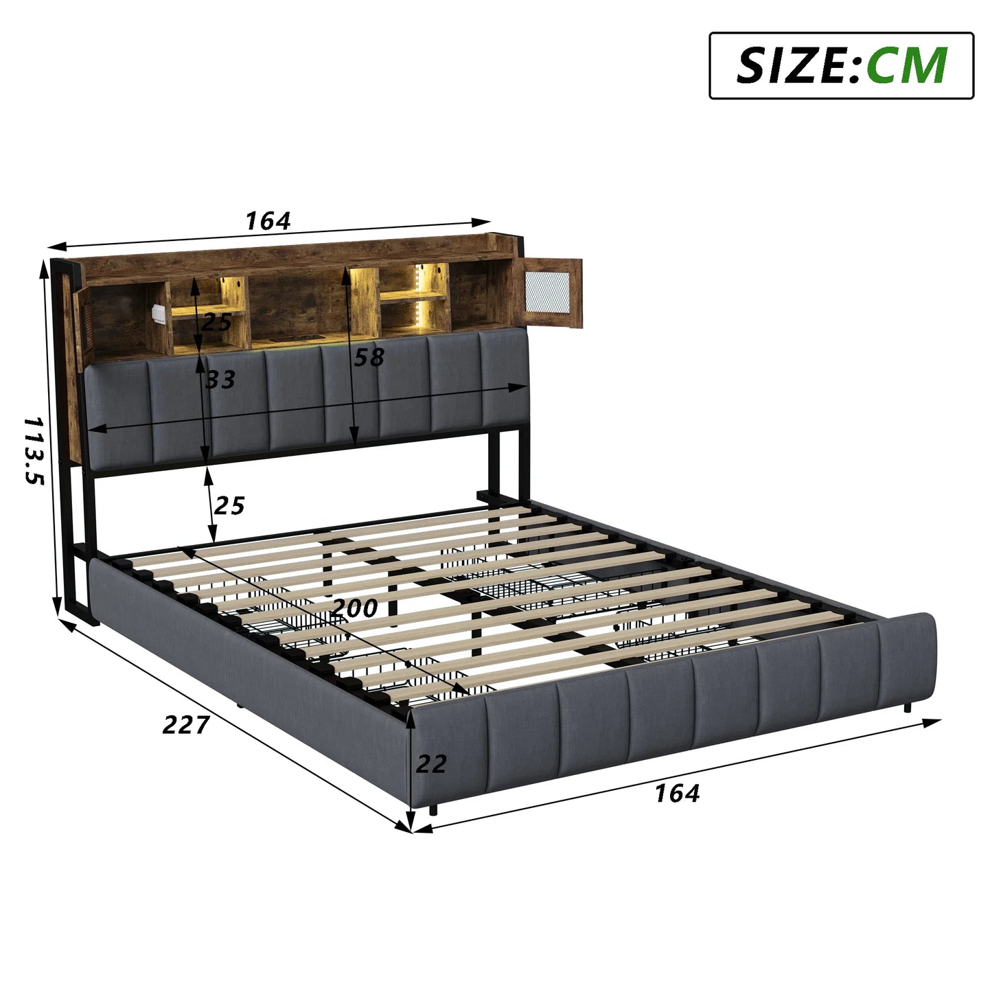 Rosahqnda Doppelbettgestell 140–160 x 200 cm mit LED, USB und Schubladen, gepolstertes Jugendbett, Wohnungsbett, Gästezimmer, Leinen, Grau