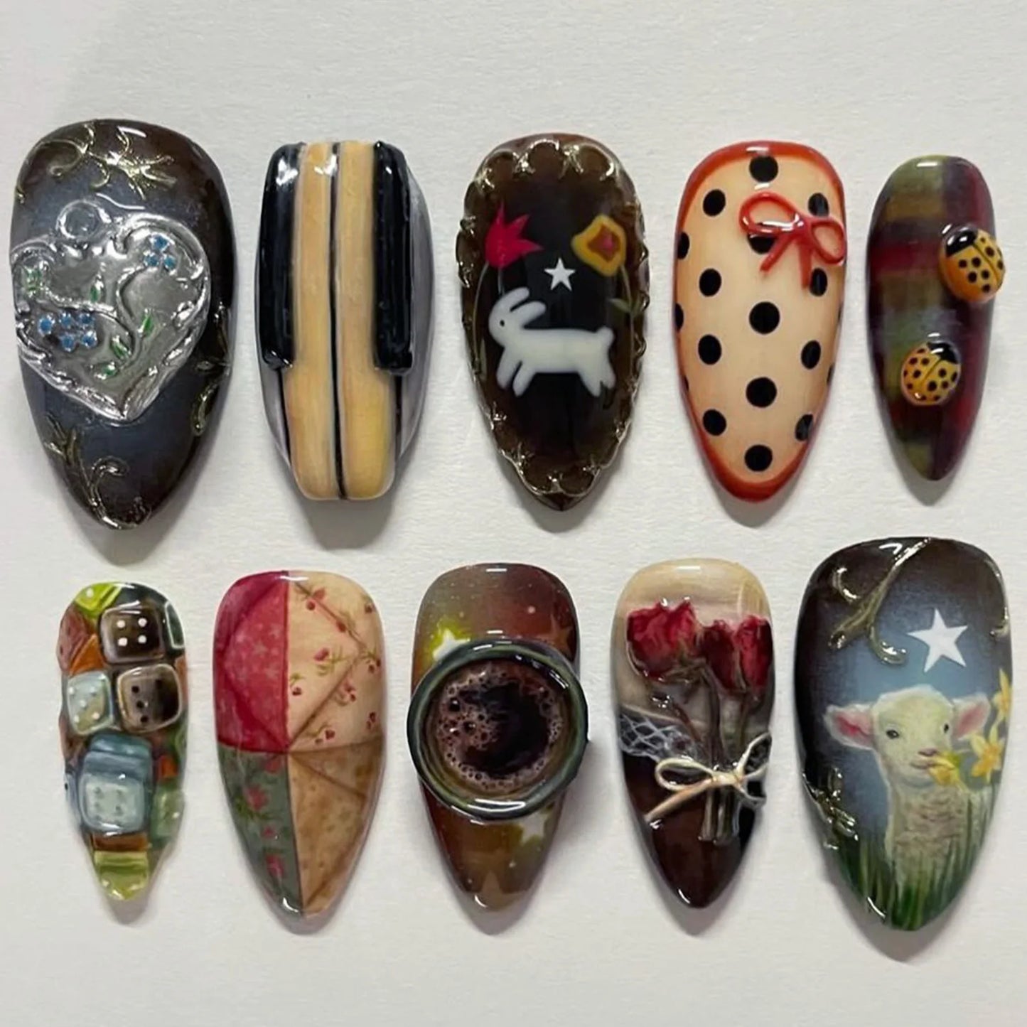 24pcs Flower Print Press on Nails Wine Red Blush Almond False Nail Tips Wearable Reusable Summer Spicy Girl Fake Nails.