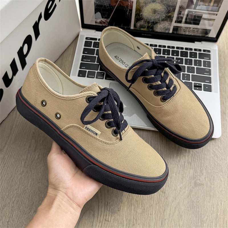 Boys' Casual Canvas Skateboard Shoes with Patchwork Low Cut Shoes Men's Minimalist Fashion Sneakers Trendy Lace Up Flat Bottom.
