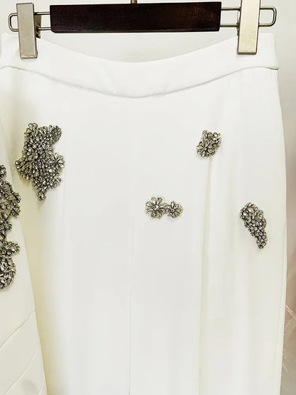 HIGH QUALITY Newest 2025 Designer Suit Women  Beaded Diamonds Single Button Suit Blazer Wide-leg Pants Set 2PCS.