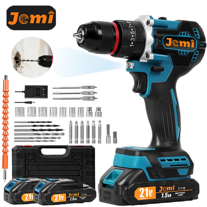 Jemi Tool Akku-Schlagbohrmaschine, mit zwei Geschwindigkeitseinstellungen, ausgestattet mit verschiedenen Größen von Bohrern und Zubehör