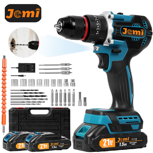 Jemi Tool Akku-Schlagbohrmaschine, mit zwei Geschwindigkeitseinstellungen, ausgestattet mit verschiedenen Größen von Bohrern und Zubehör