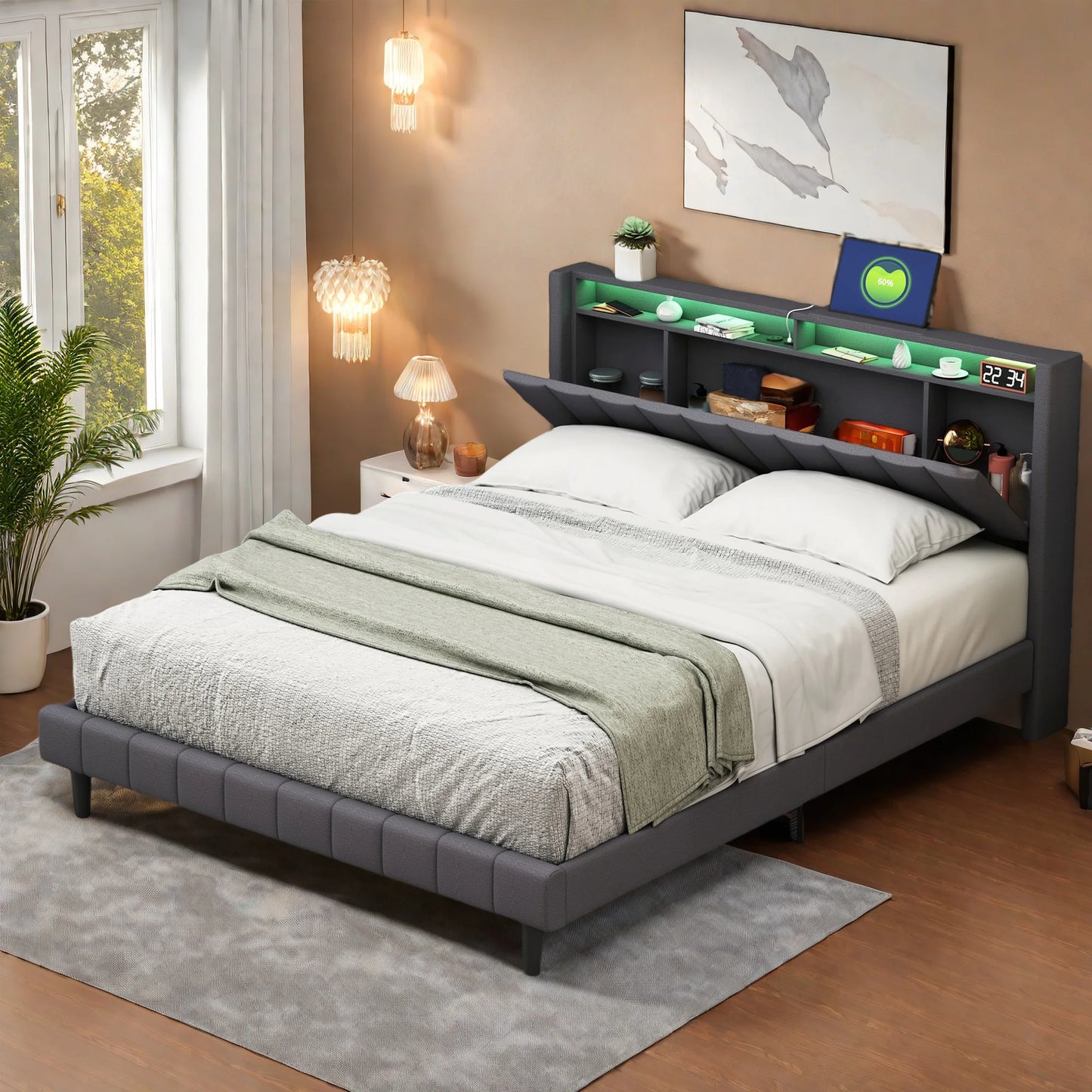 Lazyspace gepolstertes Doppelbett, Bettgestell 160/140 x 200 cm, Kopfteil mit Stauraum, USB-Aufladung und LED-Licht, keine Matratze