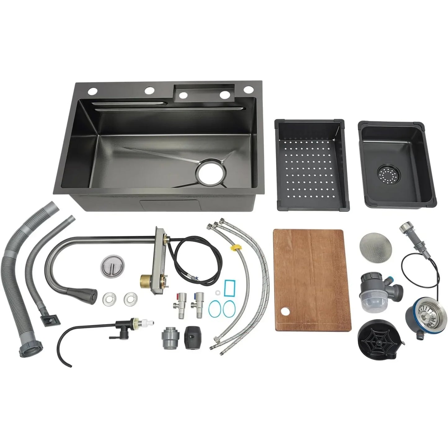 BYMAOCAR Edelstahlspüle, Küchenspüle mit ausziehbarem Wasserhahn, Haushaltsspülbecken-Set, Edelstahl-Wasserfallspüle 68 x 45 x 21 cm