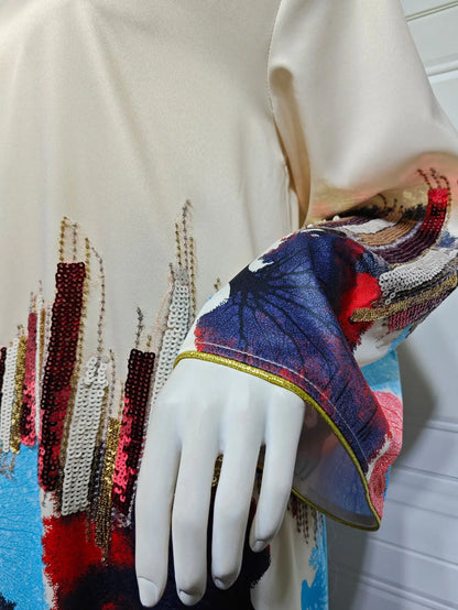 Uni Arab Saudi Printing Sequins Long Dresses Galabia Muslim Eid Women Abayas Islam Clothing Turkish African Kebaya 2025 New